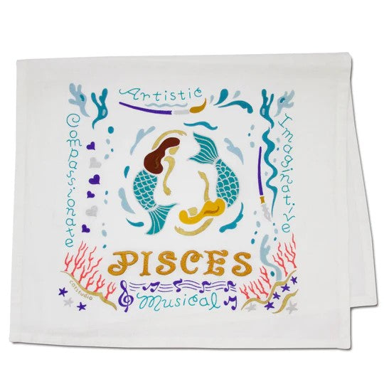 Pisces-themed illustration with mermaids, traits, and musical notes.