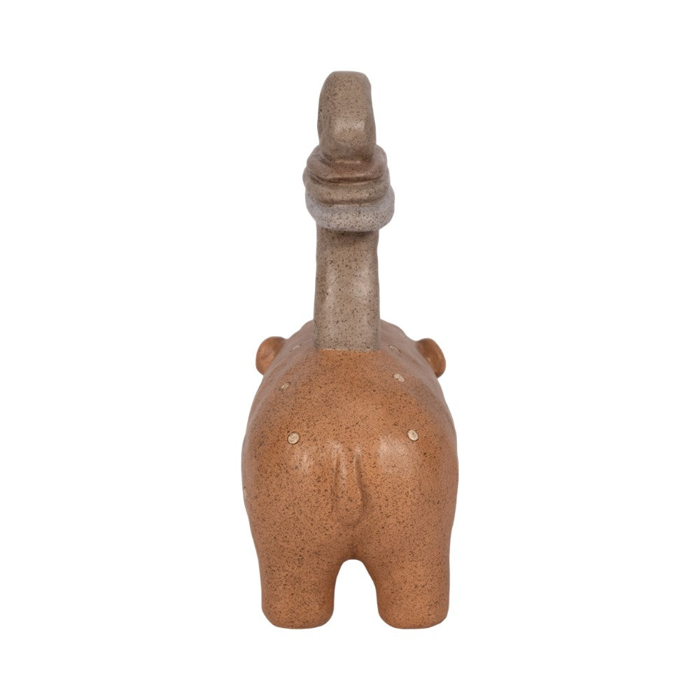 Rear view of a ceramic animal sculpture with a long neck and small ears.