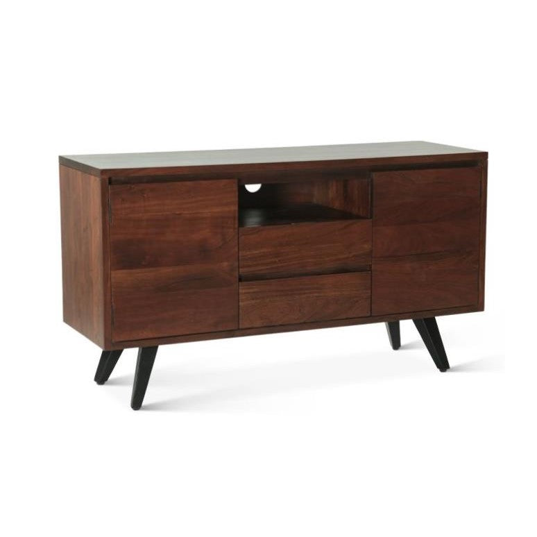 Mid-century modern wooden cabinet with angled legs and storage.