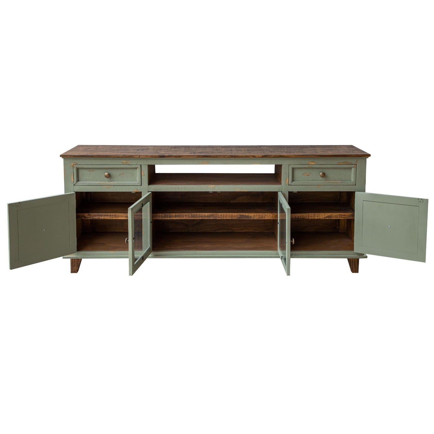 Rustic sideboard with open doors and drawers, green finish.
