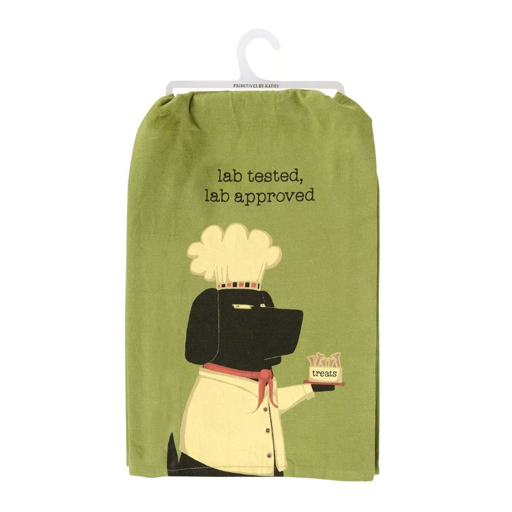 Green towel with a chef dog design, text: "lab tested, lab approved."