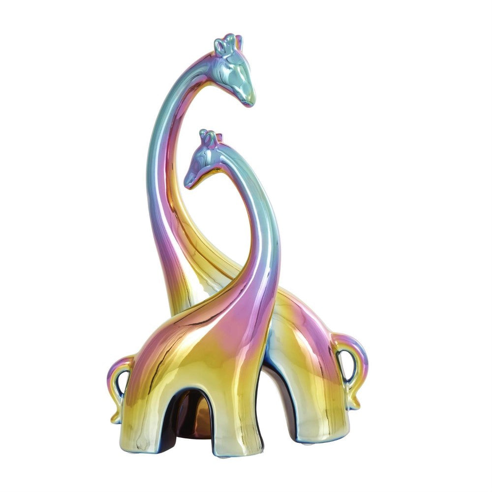 Colorful iridescent giraffe sculptures intertwine gracefully.