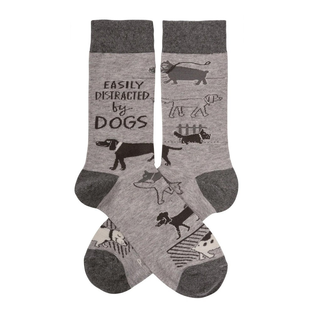 Gray socks with dog prints and "Easily Distracted by Dogs" text.