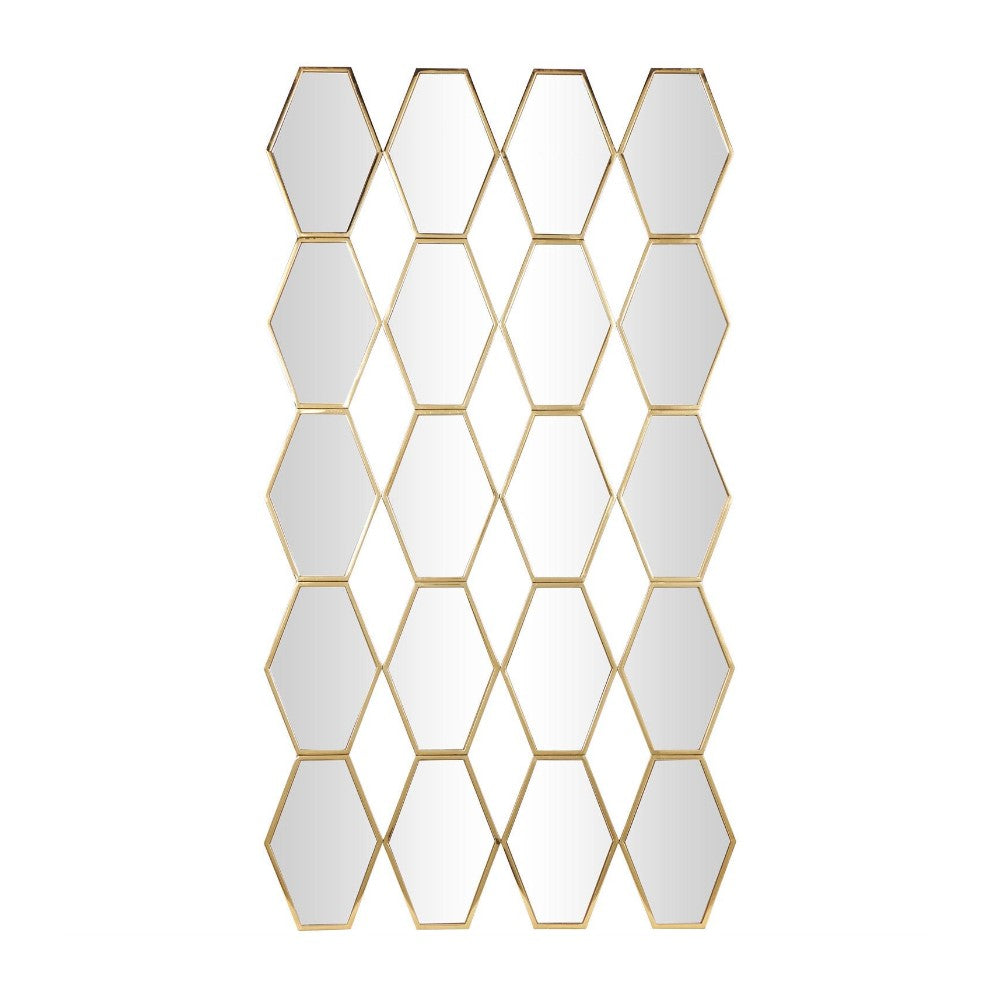 Hexagonal mirrored tiles with gold frames in a geometric pattern.