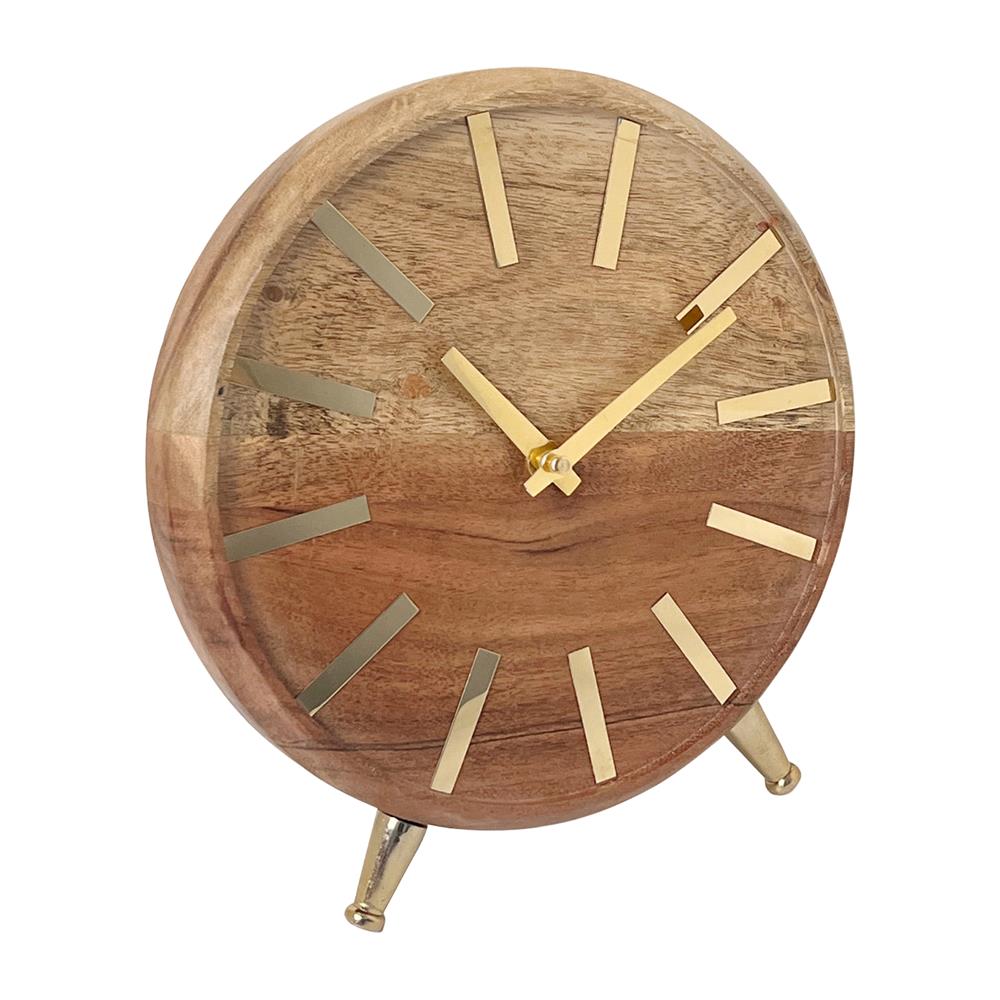 Wooden clock with gold accents and tripod base.