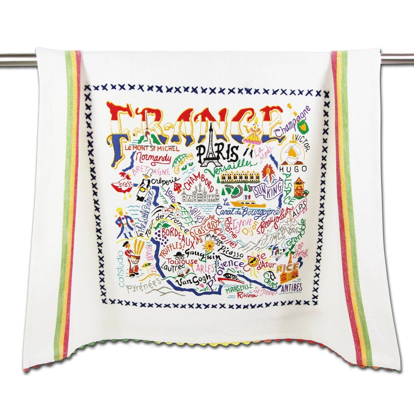 Colorful map of France with famous landmarks on a decorative towel.