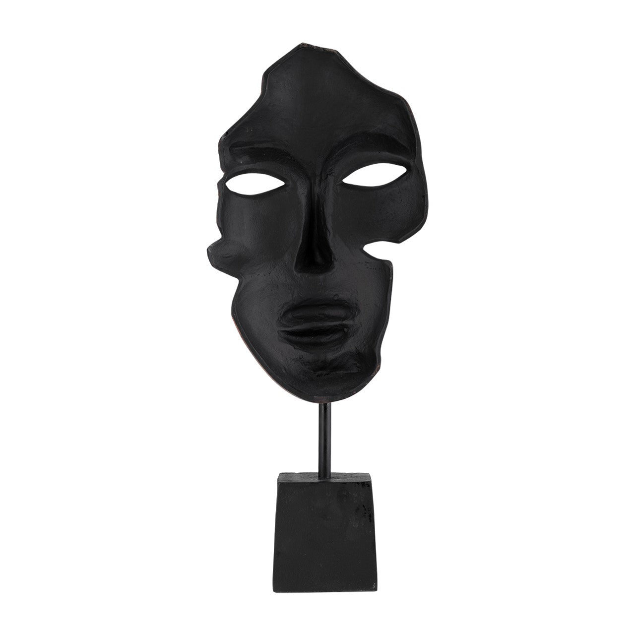 Black abstract face sculpture on a stand.