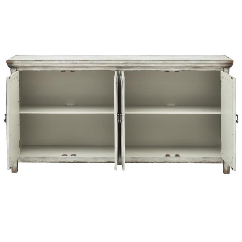 White wooden cabinet with open doors, revealing two shelves inside.