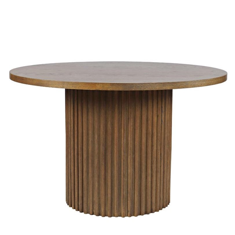 Round wooden table with a ribbed cylindrical base.