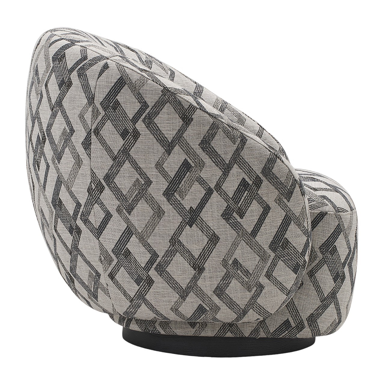 Patterned swivel chair with a geometric diamond design on a neutral fabric.