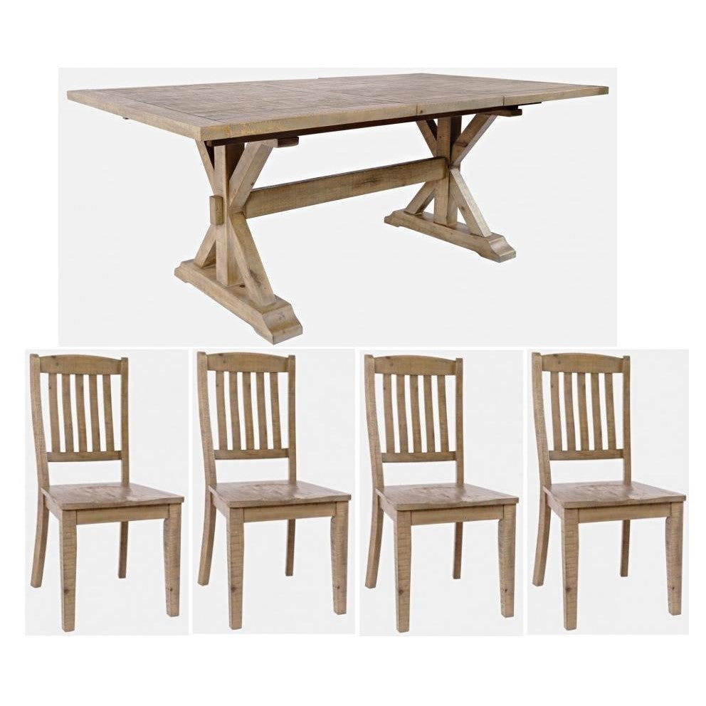 Wooden dining table with four matching chairs.