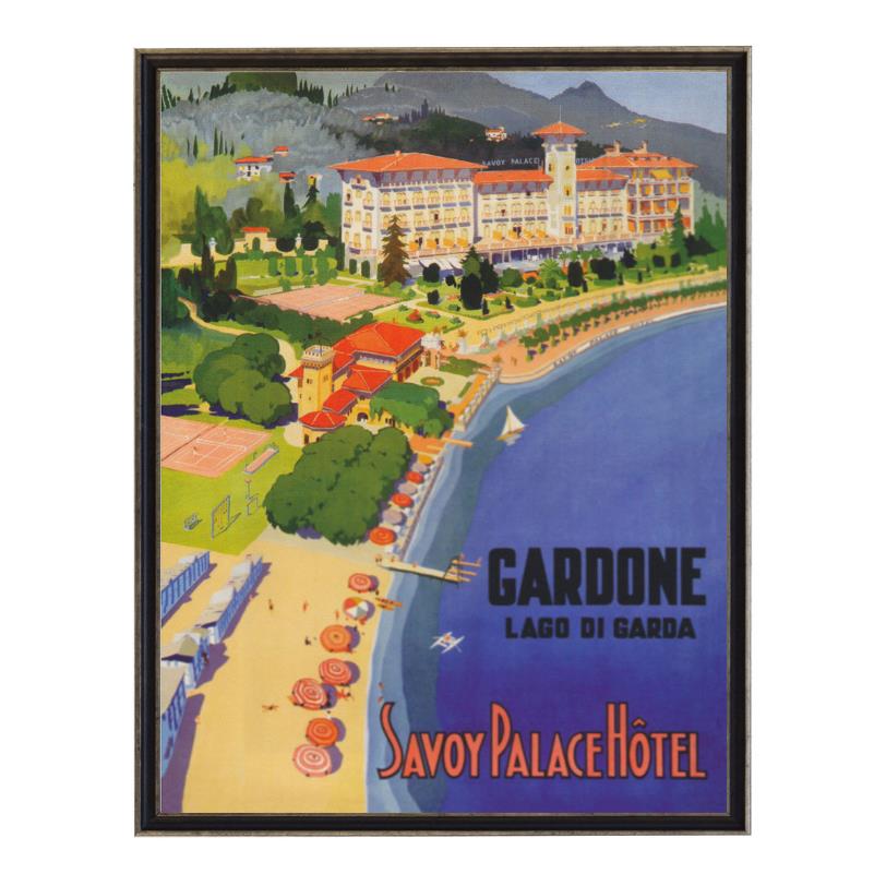 Colorful vintage poster of Savoy Palace Hôtel by Lake Garda.