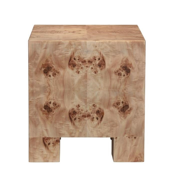 Wooden side table with intricate burl pattern design.