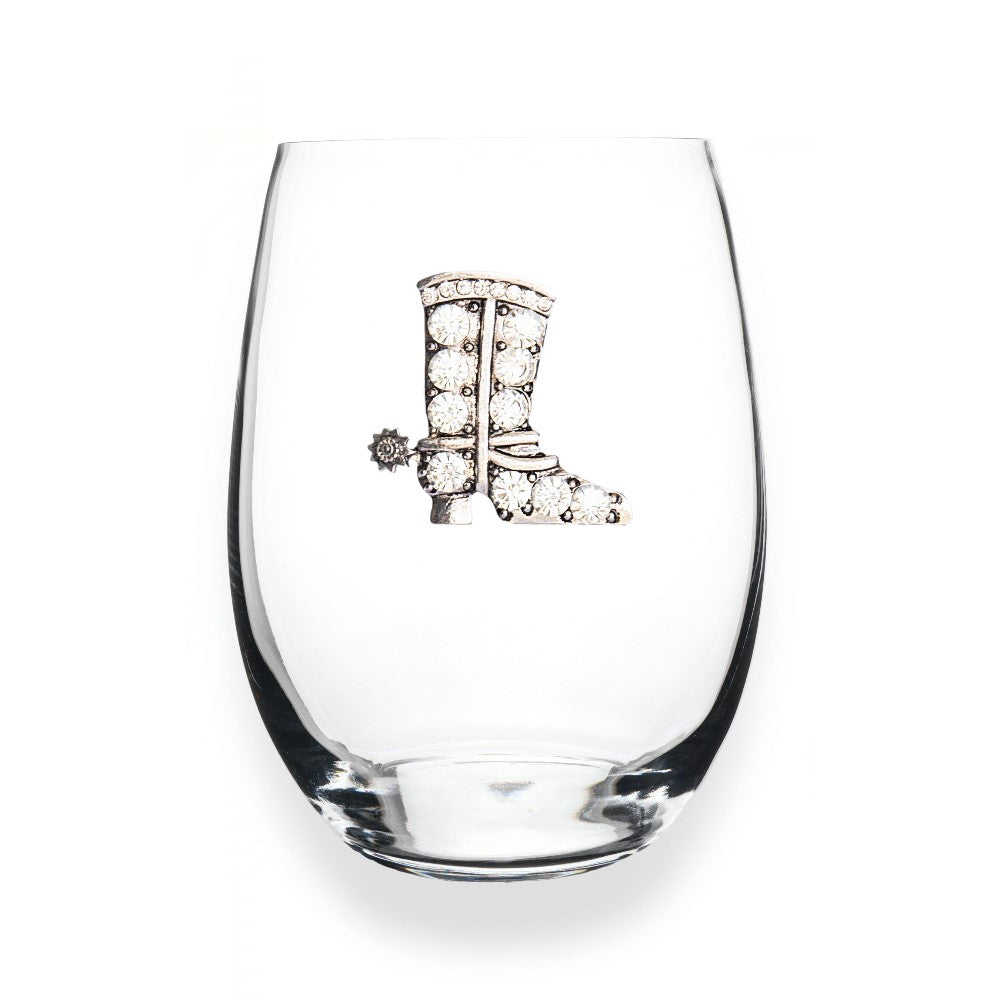 Clear glass with a rhinestone cowboy boot design.