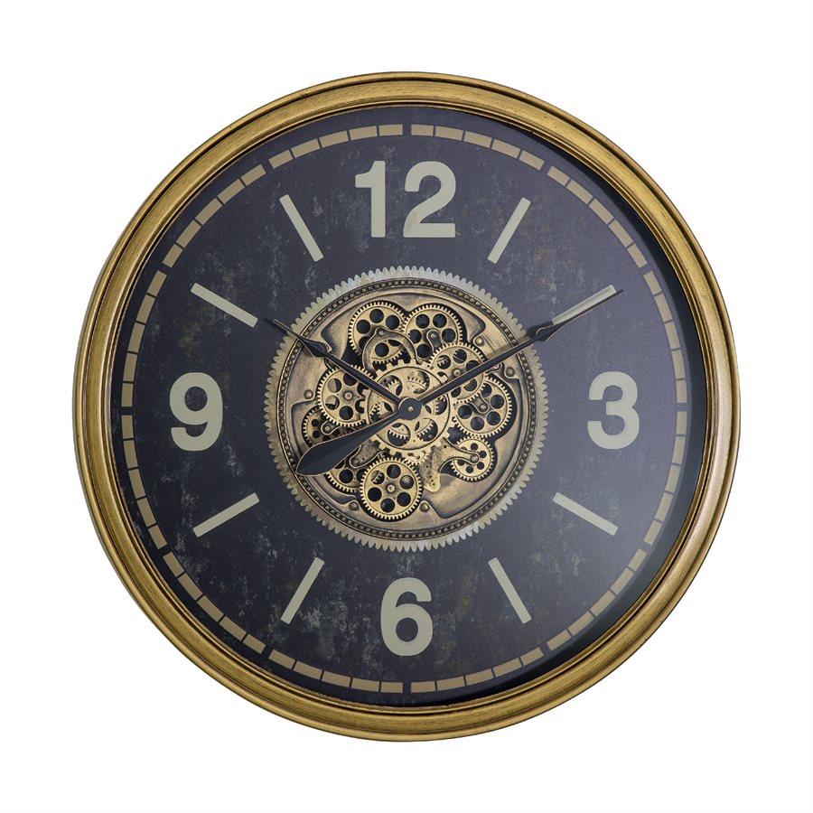 A vintage clock with exposed gears and bold numbers.