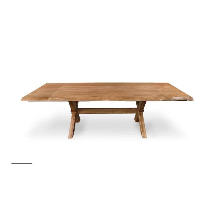Wooden table with a cross-legged base on a white background.
