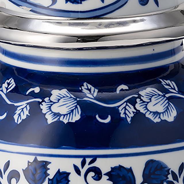 Picture of Blue and White Floral Vine Temple Jar, Silver Accents
