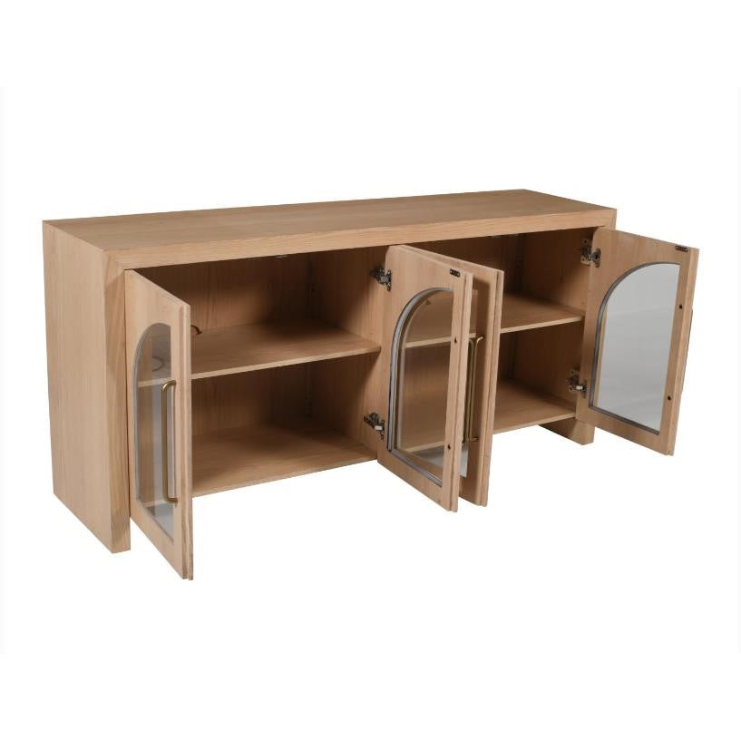 Wooden cabinet with glass doors open, showing shelves inside.