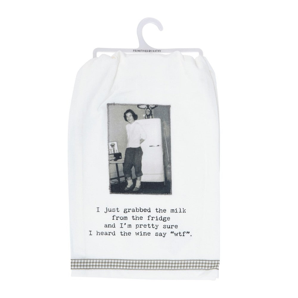 Tea towel with vintage photo and humorous wine quote.