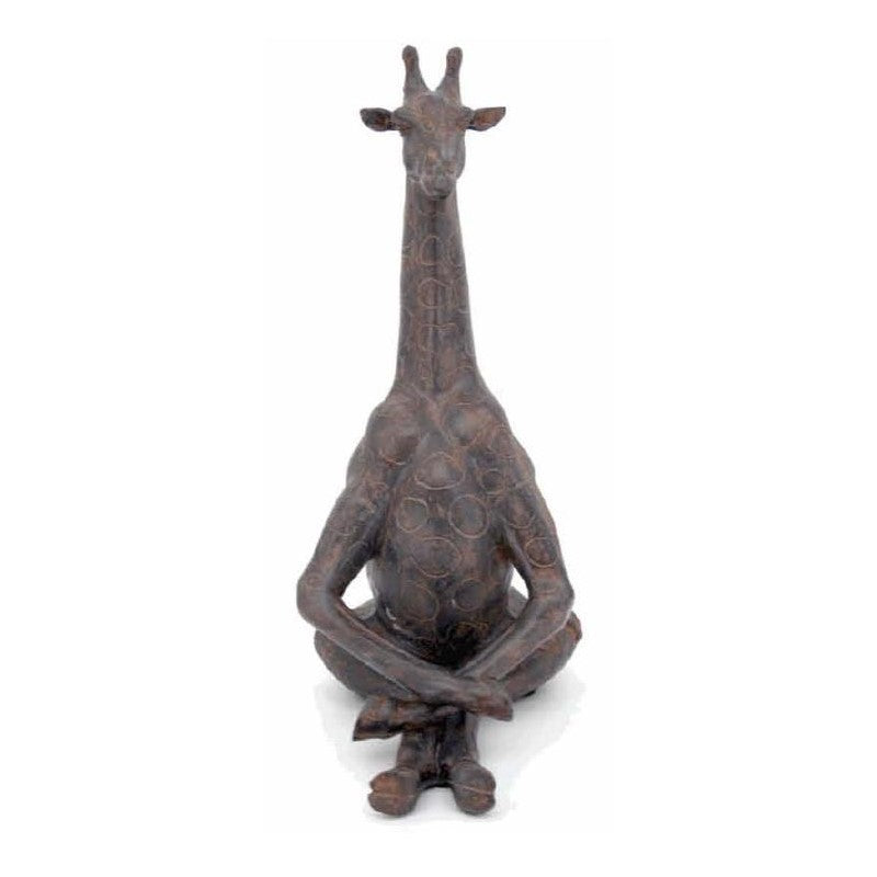 Bronze giraffe statue sitting cross-legged with a serene expression.