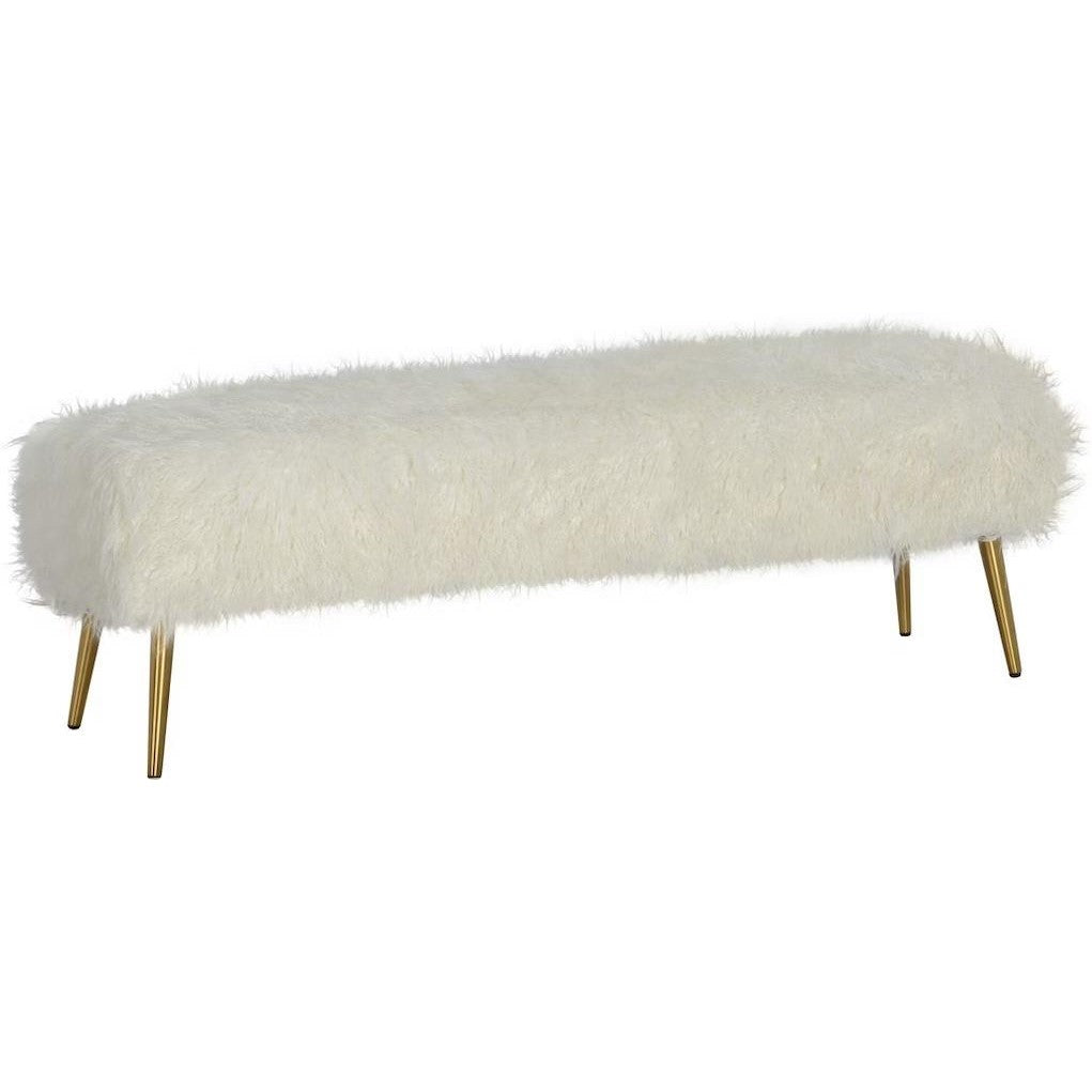 Fuzzy white bench with gold legs.