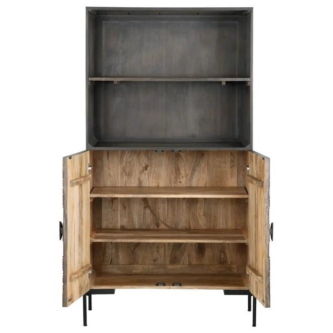 Open wooden cabinet with upper and lower shelves.
