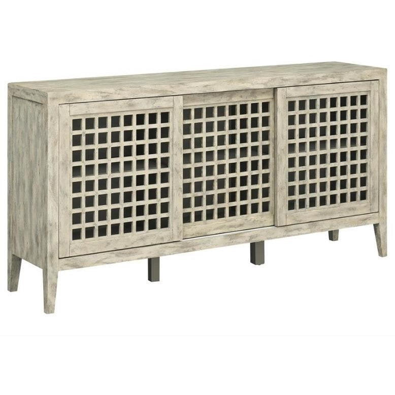 Wooden sideboard with lattice-patterned sliding doors.