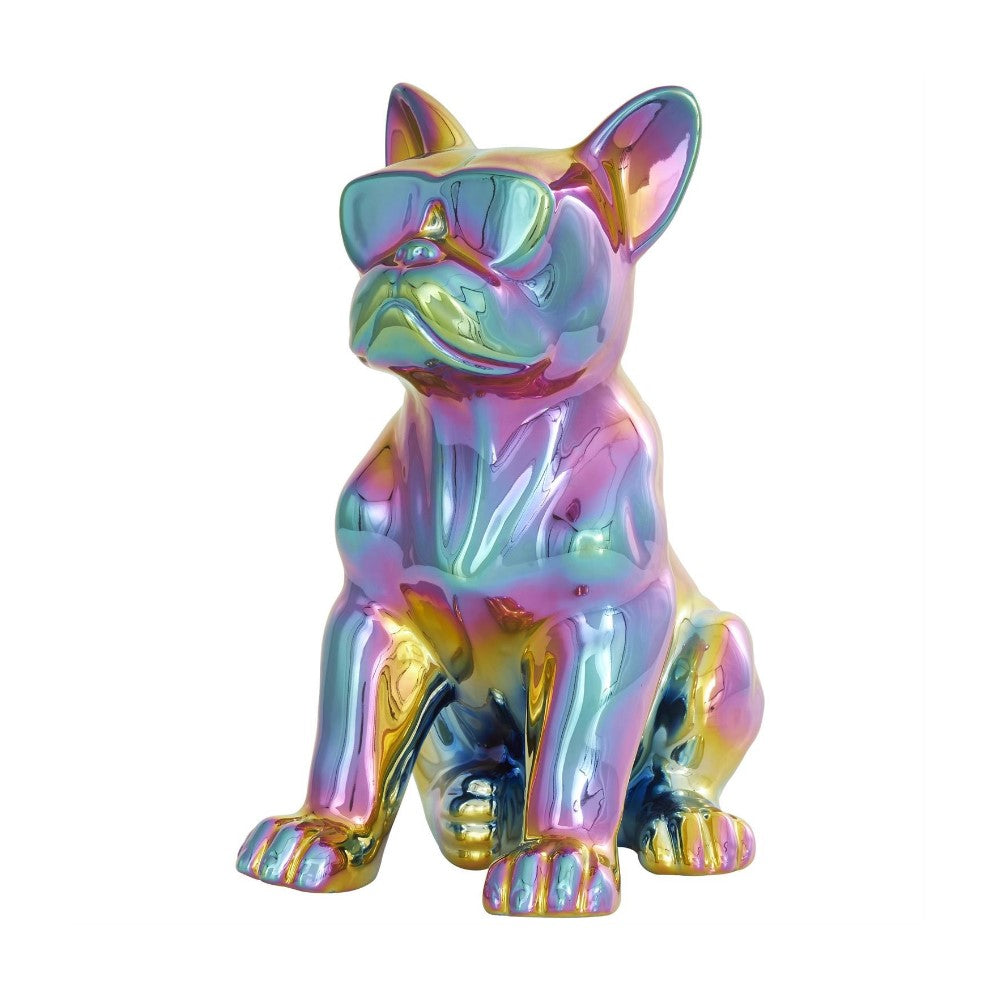 Colorful French bulldog statue wearing sunglasses.