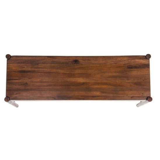 Wooden table top view with four visible legs.