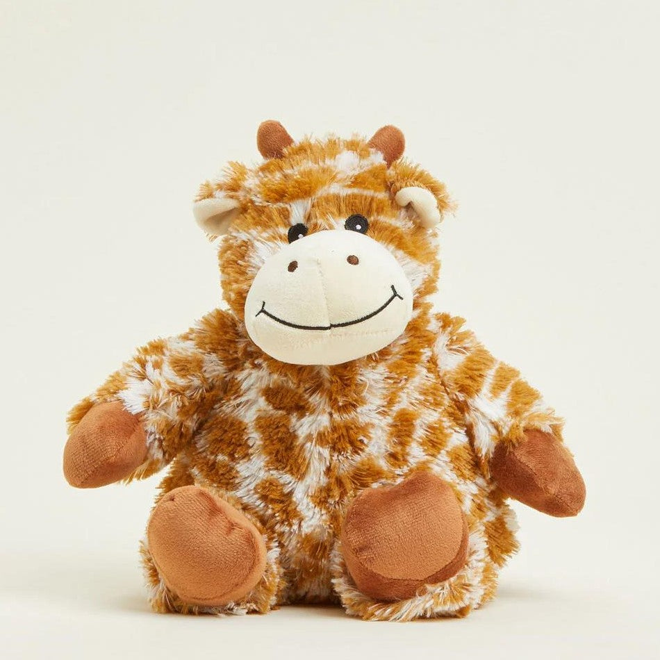 Fluffy giraffe plush toy with a big smile.