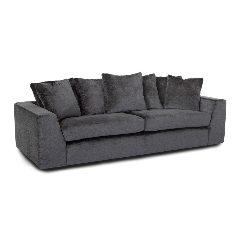Gray fabric sofa with four cushions against a white background.