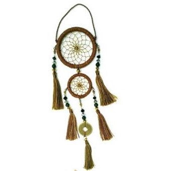 Dreamcatcher with tassels and beads in earth tones.