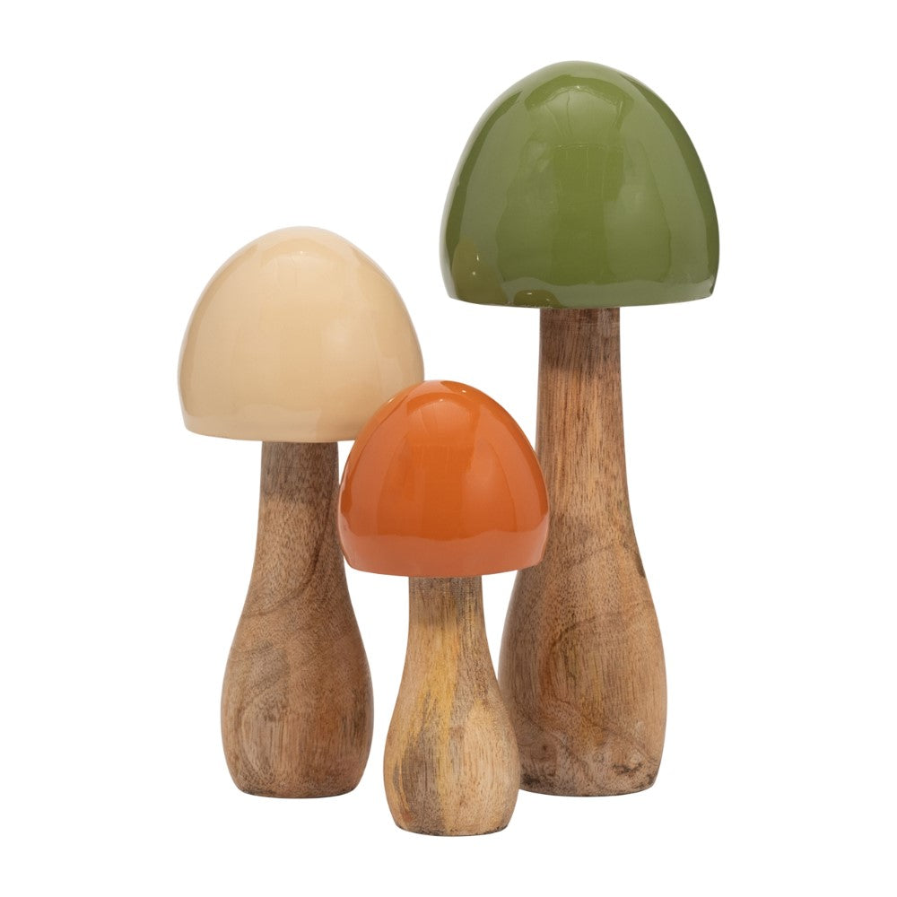 Three wooden mushrooms with green, beige, and orange caps.