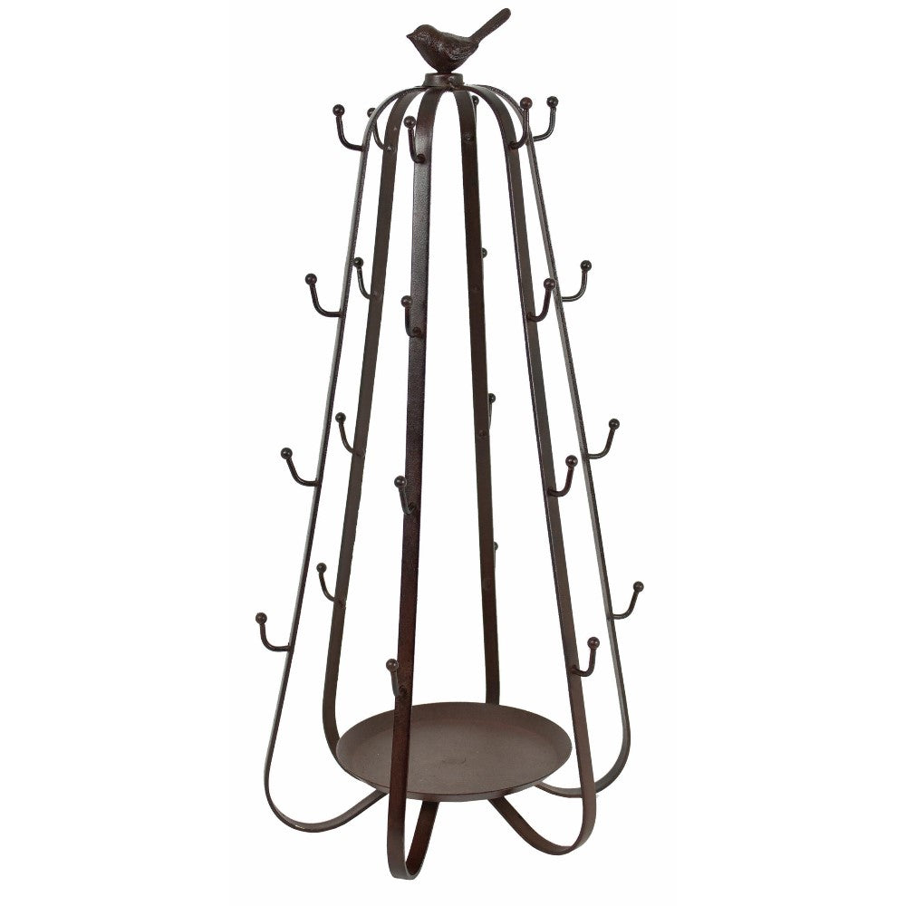 Metal mug holder with bird detail and hooks.
