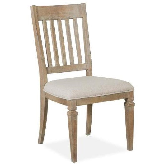 Wooden chair with cushioned seat and slatted backrest.