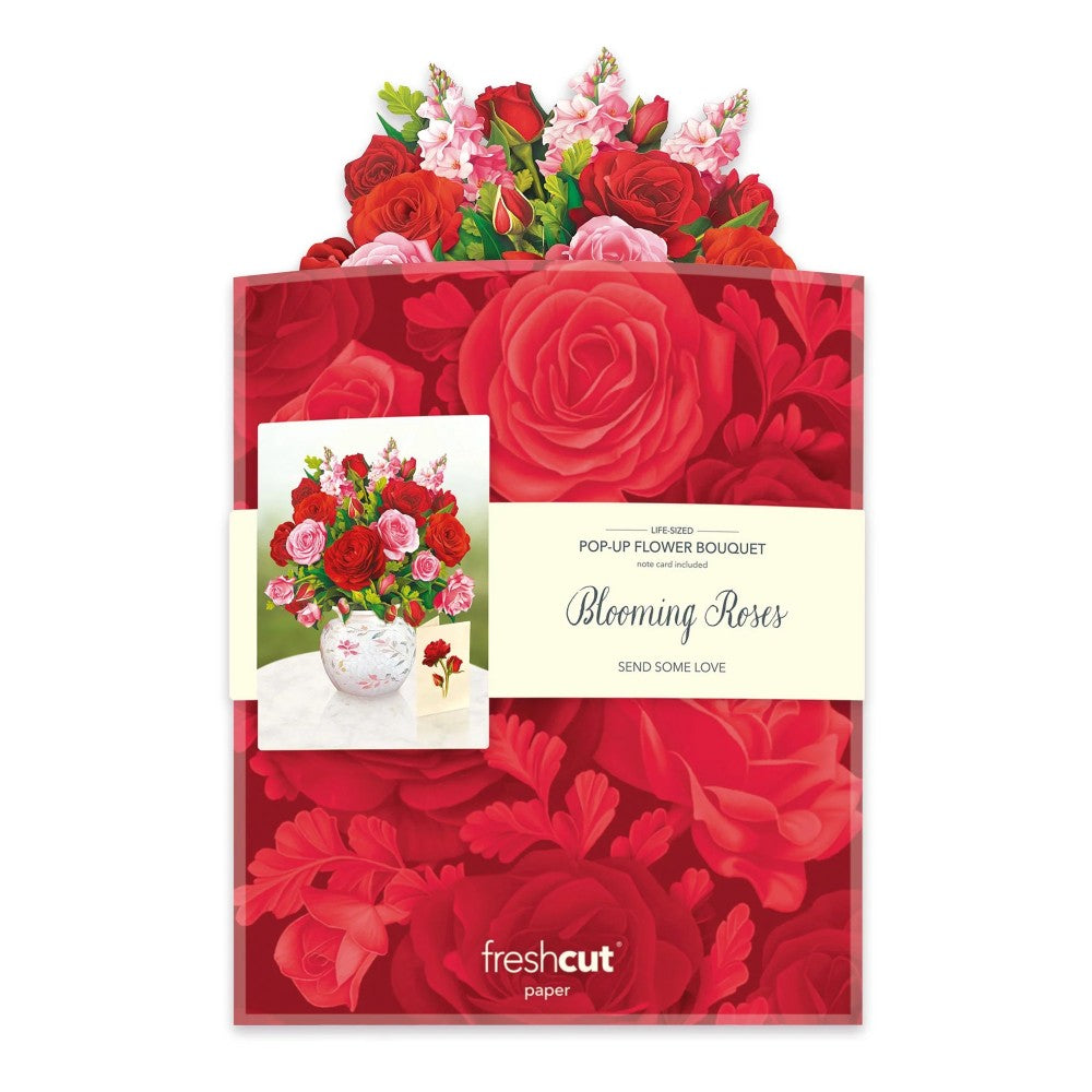 Pop-up bouquet card with vibrant red and pink roses.