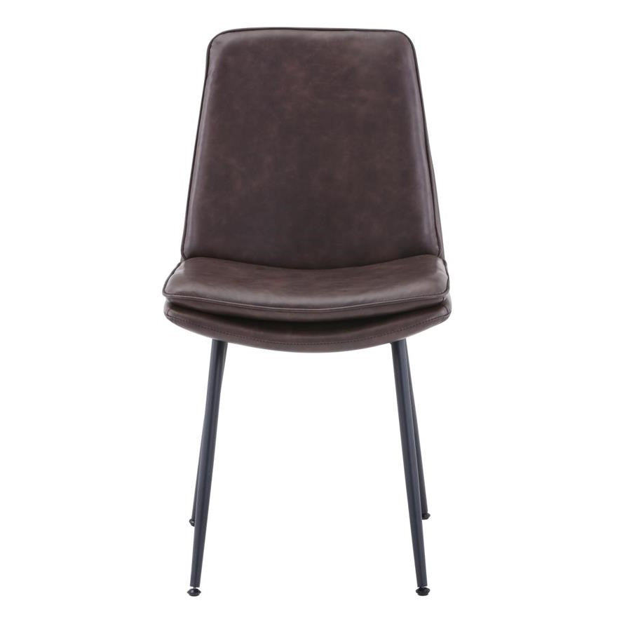 Brown leather chair with black metal legs.