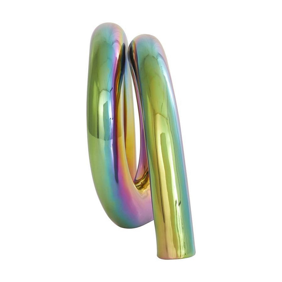 Colorful, twisted metallic sculpture with a reflective surface.