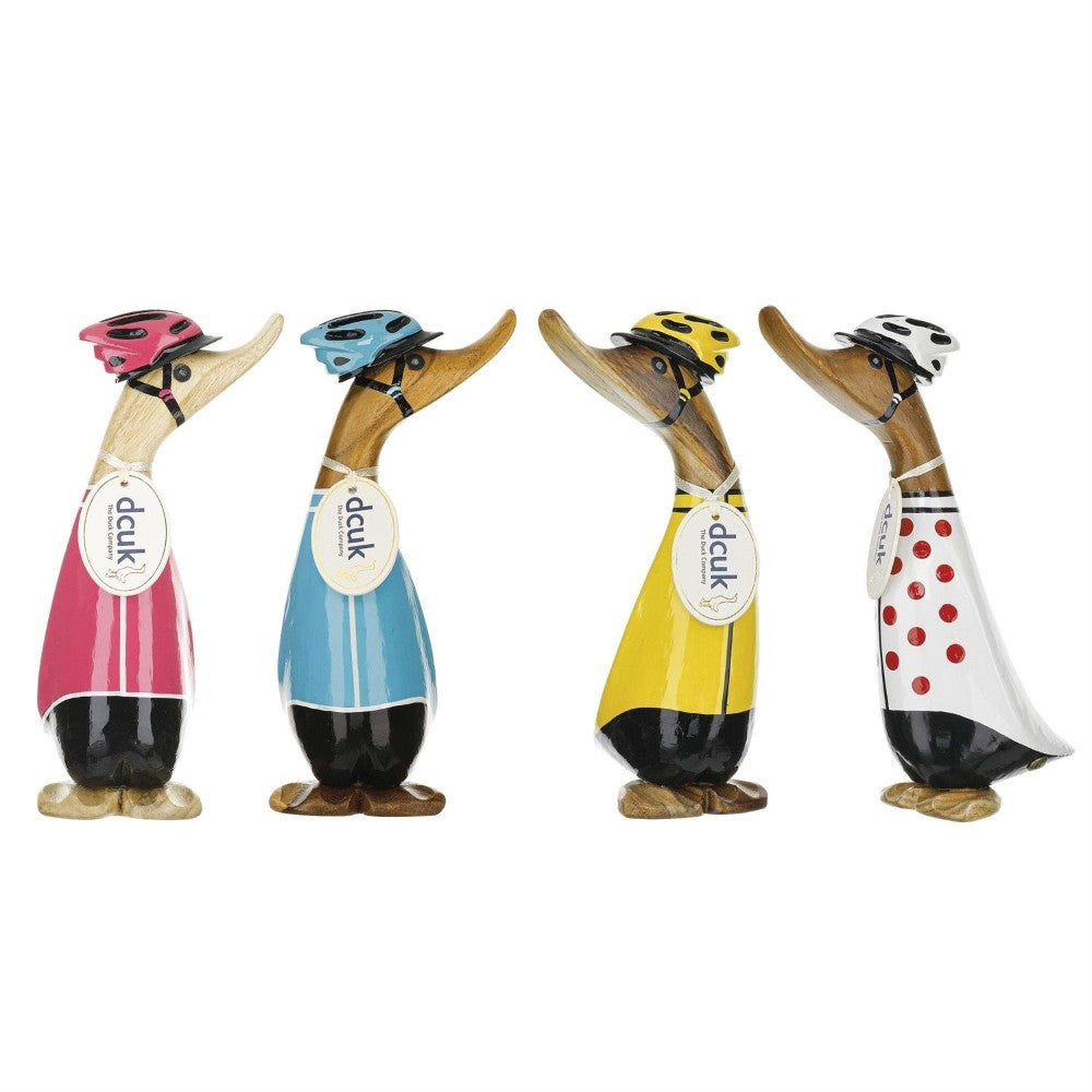 Four wooden duck figures wearing colorful helmets and jerseys.