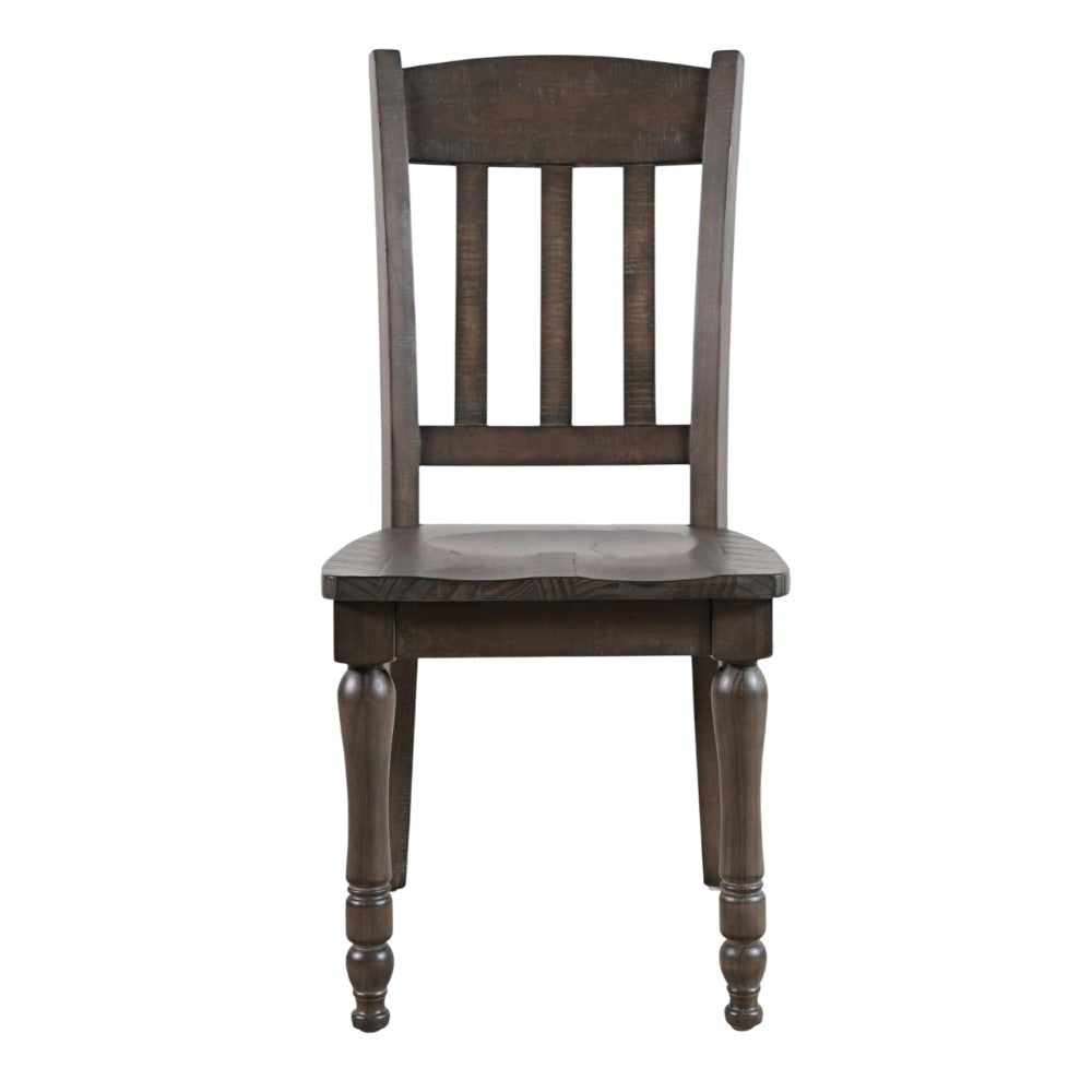 Wooden chair with slatted back and turned legs.