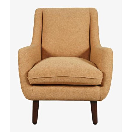 Beige mid-century modern armchair with wooden legs.