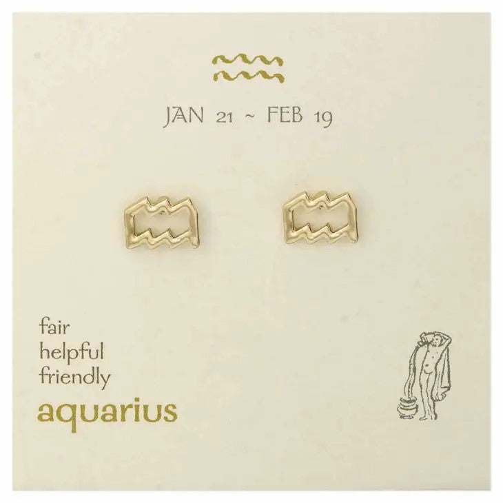 Aquarius earrings on a zodiac card with traits and dates.