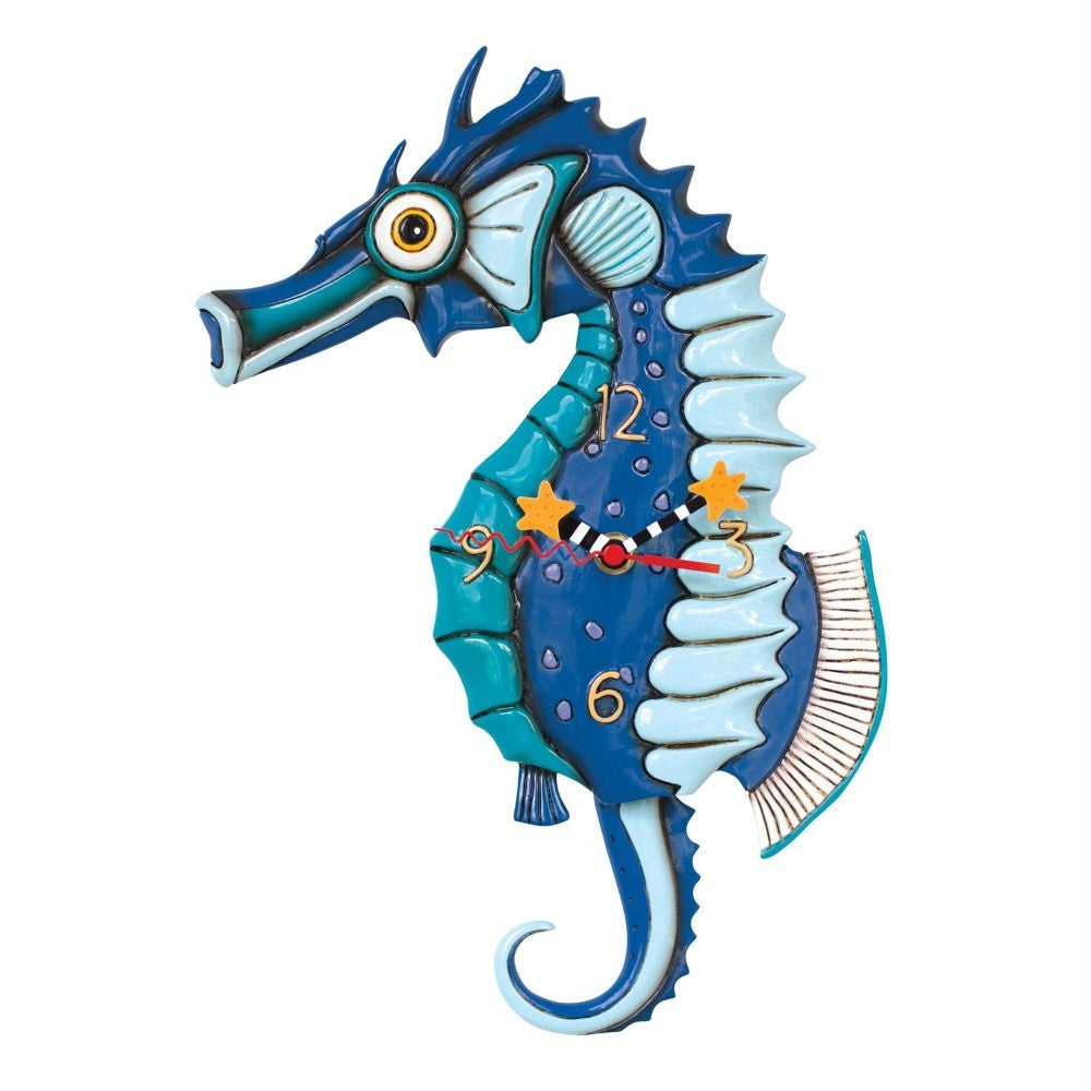 Colorful seahorse-shaped wall clock with star-shaped hands.