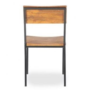 Wooden chair with black metal frame, viewed from the back.