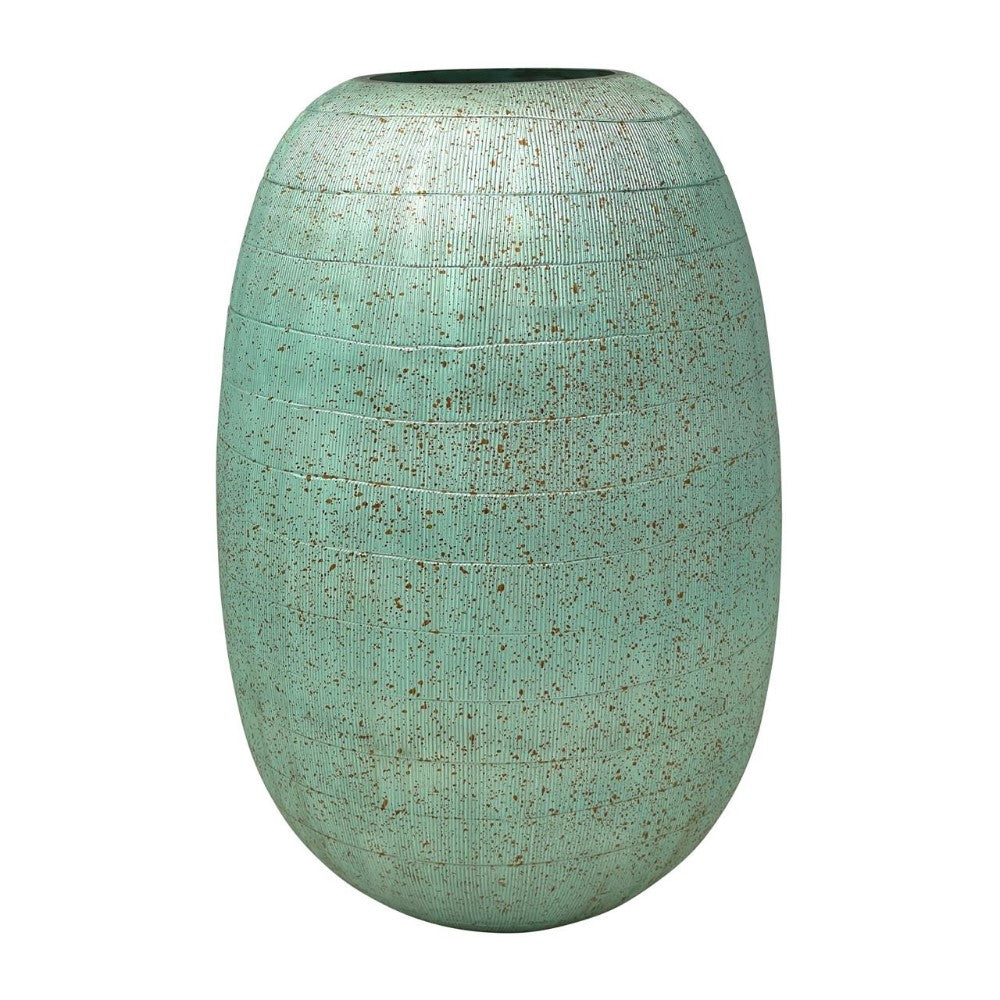 Teal speckled vase with horizontal grooves.