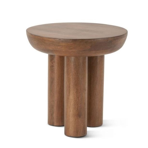 Wooden stool with three cylindrical legs and a round top.