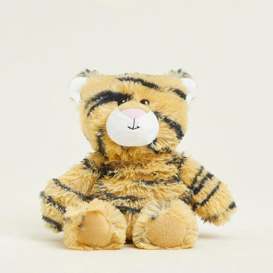 Cute plush tiger toy with black stripes and a soft fur texture.