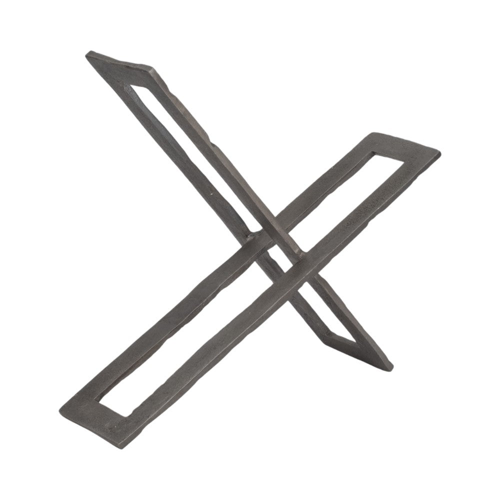 Geometric metal sculpture forming an intersecting "X" shape.