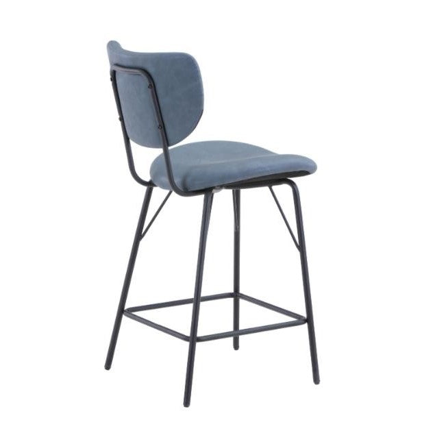 Blue cushioned stool with a backrest and black metal frame.