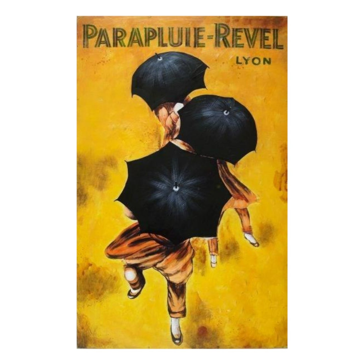 Three figures with black umbrellas on a yellow background, "Parapluie-Revel Lyon."